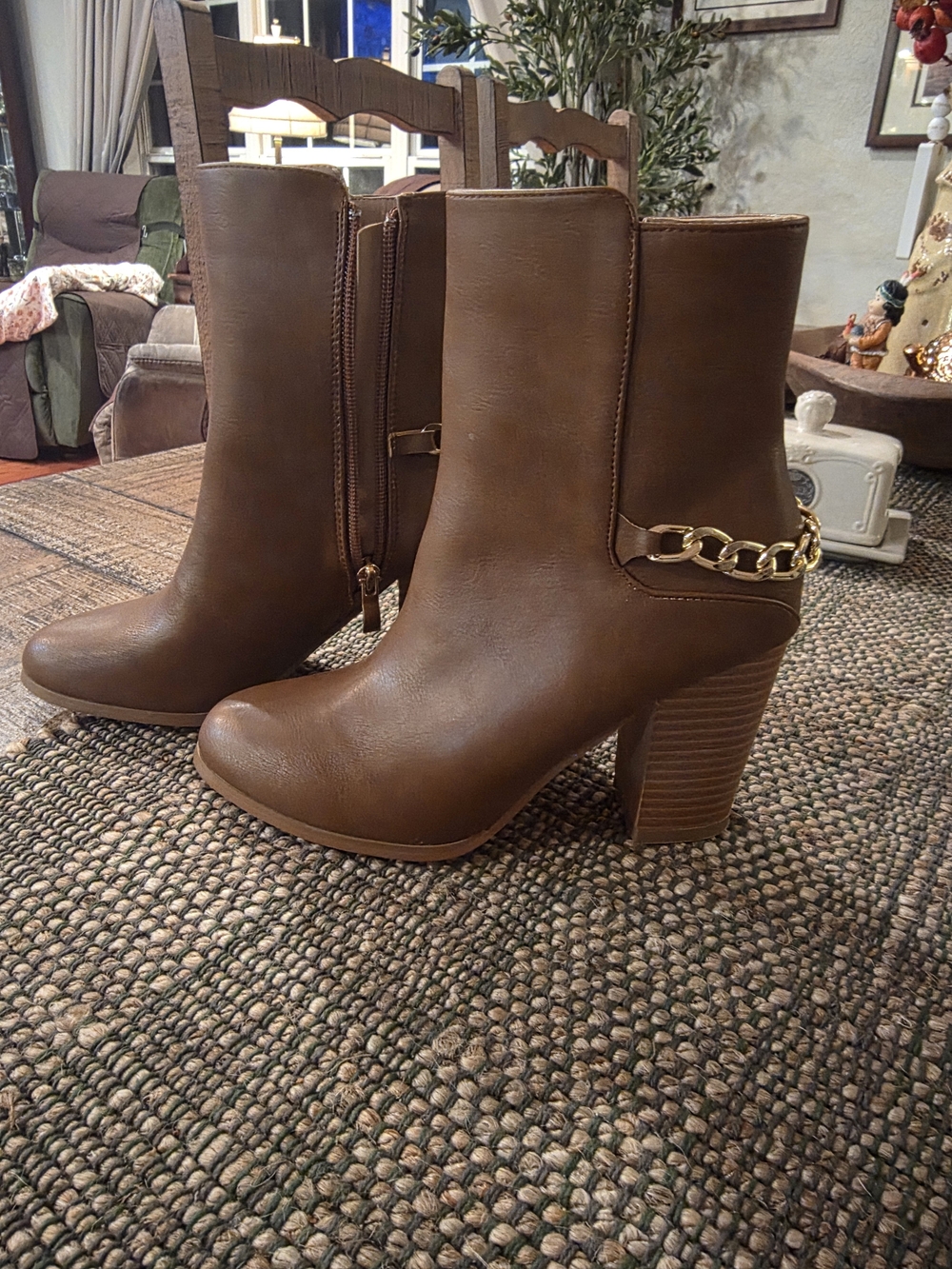 Catherines Brown Mid-Calf Block Heel Boots with Gold Chain